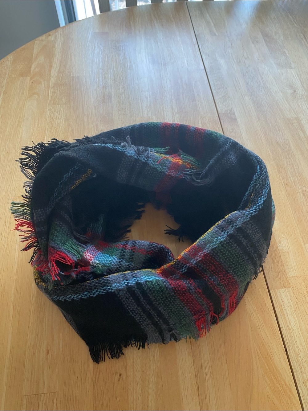 Plaid Fringe Cozy Circle Scarf in Black, Red, Green & Blue - Picture 3 of 3